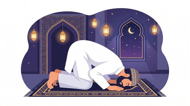 Ramadan praying man sujood prostration in mosque night with lanterns and crescent moon