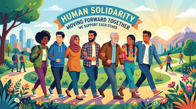 Human solidarity moving forward together diverse group walking unity illustration banner