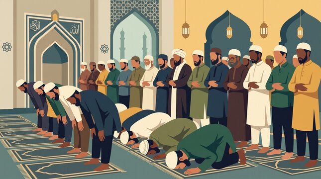 Muslims performing congregational prayer Salah in mosque with men in Ruku and Sujud Islamic illustration