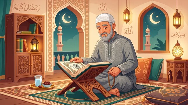 Old Muslim man reading Holy Quran Ramadan Islamic illustration with mosque crescent ornamental border