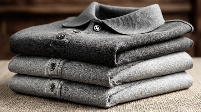 A stack of three folded grey polo shirts with buttons rests on a textured surface against a blurred background.