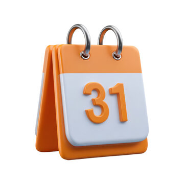 Orange calendar icon with 31 date, 3D render desktop schedule symbol, appointment planner and reminder concept isolated PNG with Transparent Background