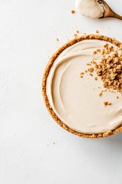 Delicious creamy dessert pie with golden crumble crust on white background. Sweet treat with cookie crumbs and wooden spoon.