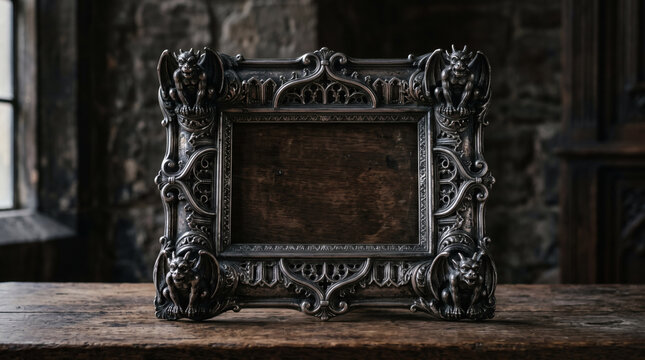 Ornate gothic picture frame with gargoyles on wooden table