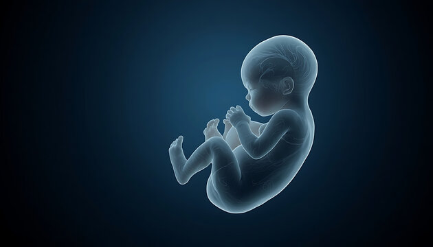 The image appears to show a detailed 3D digital illustration of a developing human fetus rendered in a translucent blue style against a dark blue background