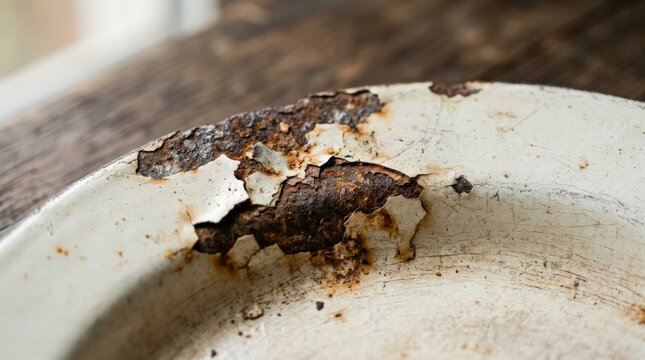 A close up view showcasing a weathered enamel plate featuring a rust texture metal, with chipped white paint exposing brown oxidation along the damaged and decaying rim surface