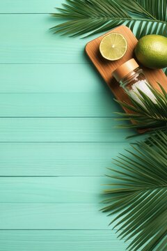 Fresh green limes and salt in a glass jar on a wooden board surrounded by tropical palm leaves on a teal painted background.