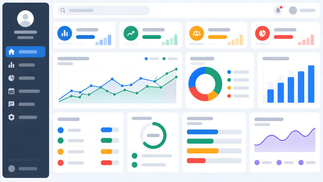 Modern Web UI Admin Dashboard Design Featuring Data Charts Line Graphs Donut Chart KPI Cards Navigation Sidebar and Performance Metrics