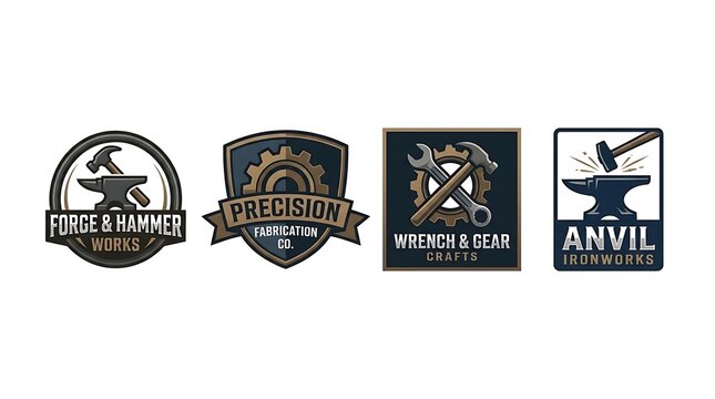 Industrial forge and metalwork fabrication logo set.