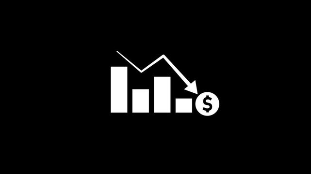 Business finance decline icon featuring a bar chart, downward trend arrow, and dollar symbol. Represents financial loss, market decline, reduced revenue, economic downturn, investment risk,