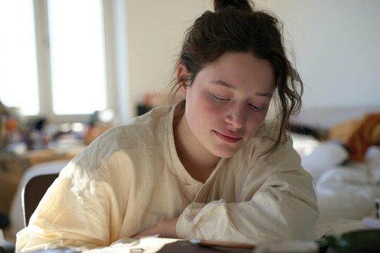 A young woman lost in thought, jotting down notes at her desk, captures a moment of creativity and contemplation in a bright room filled with natural light and artistic clutter.
