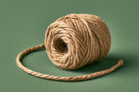 Brown twine spool unrolling, showing a natural fiber string on a green surface