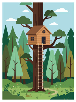 Wooden treehouse in a forest with rope ladder, surrounded by trees and nature, cozy outdoor childhood adventure illustration.