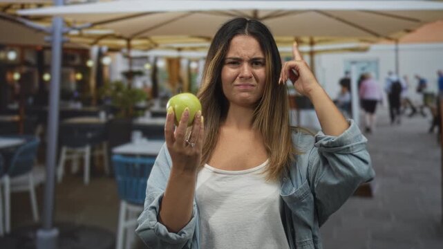 Woman holding green apple with fingers wrapped around it and finger to temple at street cafe terrace outdoors; disgust doubt.