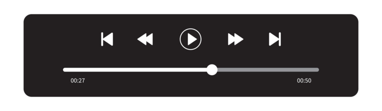 Music and video play bar icon, flat vector illustration of an audio player with time slider, pause, rewind, and fast forward buttons, isolated on Dark background for songs, podcasts, and media apps.