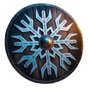 Old round wooden viking shield with metal norse runic symbol decoration on dark surface isolated on transparent background