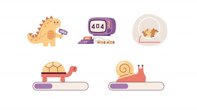 Slow loading bar and 404 error cartoon animation pack. Retro game console. Hamster wheel. Funny dinosaur. Snail and turtle progress animated flat 4K video collection isolated on transparent background