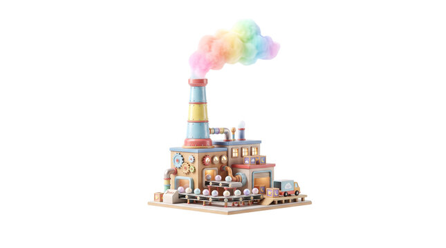 Whimsical toy factory model with rainbow smoke, miniature industrial building on white background, colorful eco-friendly manufacturing concept