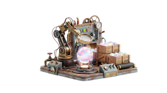 Steampunk industrial machine with robotic arm and glowing crystal sphere, vintage brass factory laboratory equipment, retro futuristic workshop