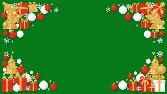 Festive christmas border frame animation with gift boxes, golden trees, and glowing ornaments on a chroma green screen background for video editing projects