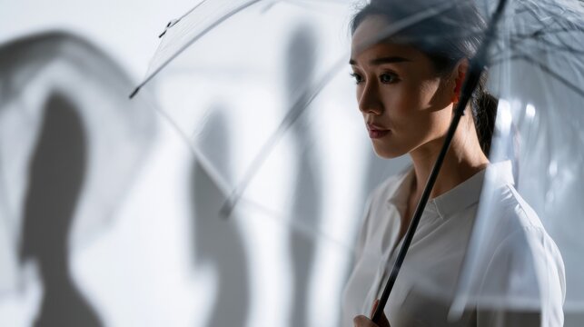 A woman with an umbrella in the rain, her face looking pensive