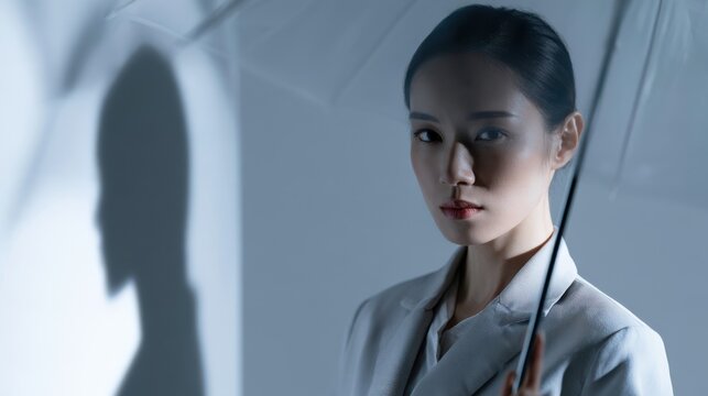 A portrait of a woman holding an umbrella, casting a dramatic shadow on the wall. The mood is mysterious and introspective