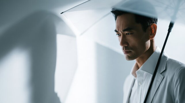 A thoughtful man holding a clear umbrella under dramatic light and shadow, conveying a sense of contemplation and introspection