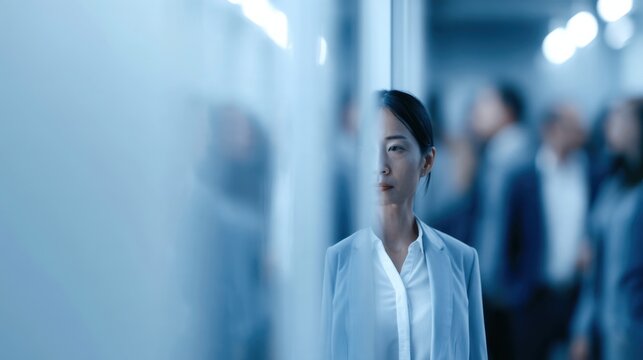 A professional businesswoman with a determined expression looks ahead in a modern office environment, with blurred figures in the background. The lighting is cool and blue.