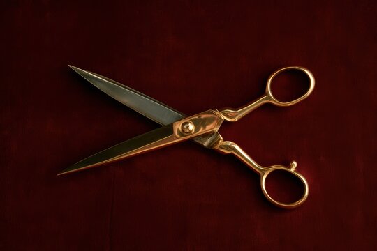 Elegant gold and steel scissors resting on a deep red velvet surface