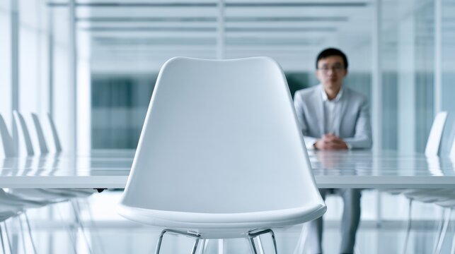 A man sitting at a long conference table in an empty modern office meeting room, with rows of chairs in front of him and a single chair at the front.