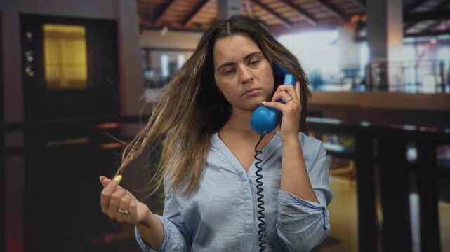 Woman holding blue corded telephone handset to her ear in a building hotel lobby, playing with her hair and tugging a strand; annoyance.