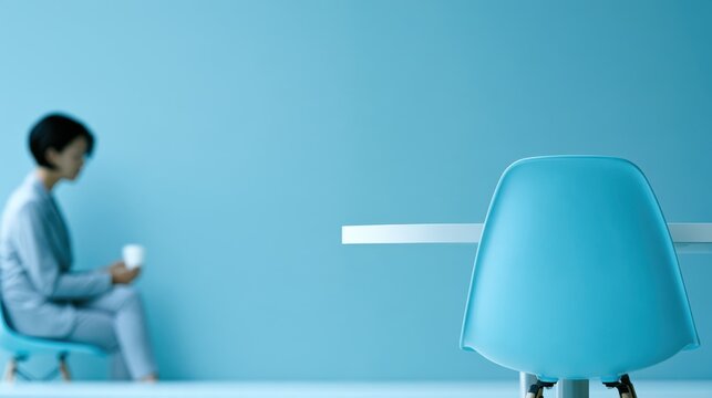 A solitary woman in a blue-toned room, holding a cup, sits on a chair facing a table and another empty chair. The scene conveys a sense of quiet contemplation or waiting