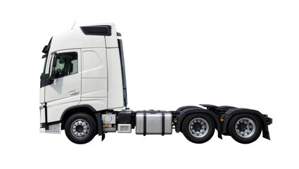 Obraz premium White semi-trailer truck cab with multiple wheels and fuel tank, isolated on transparent background