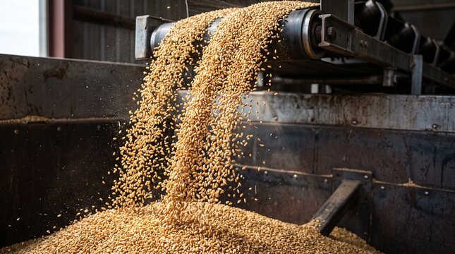Wheat grains falling into a hopper from a conveyor belt, showcasing the grain processing in an agricultural setting. Concept of food crisis and global supply chain disruption