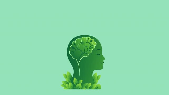 concept featuring a human head, brain, heart and green awareness ribbon, symbolizing mental health, emotional wellbeing, self-care, support, awareness and psychological wellness