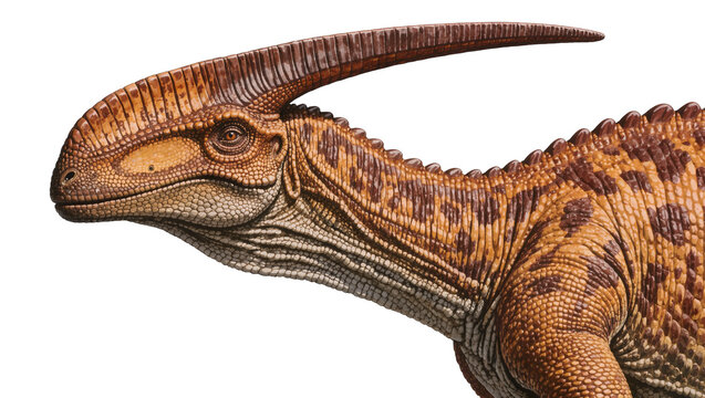Detailed brown Parasaurolophus dinosaur head with crest, isolated on transparent background