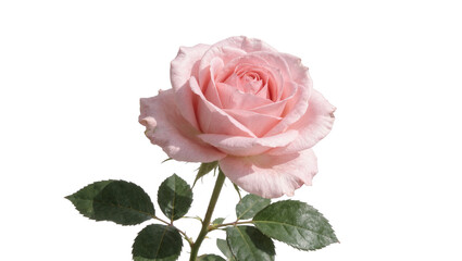 Fototapeta premium Delicate pink rose with green leaves, isolated on transparent background