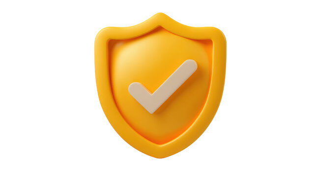 Golden shield with check mark icon, glossy 3D security badge, verified protection symbol for safety and approval isolated PNG with Transparent Background