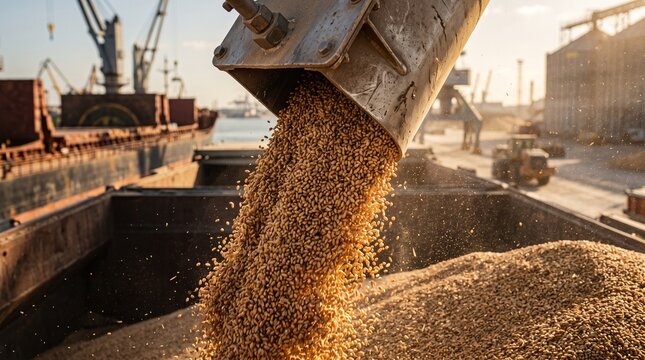 Wheat grains flowing from a chute into a cargo ship at a port, with cranes and containers visible in the background. Concept of food crisis and global supply chain disruption