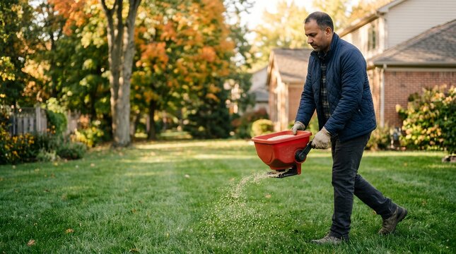 Man applying granular fertilizer to a residential lawn during the autumn season.