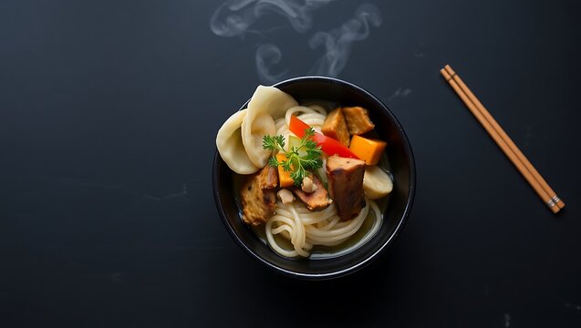 Minimalist overhead shot of Bakmi with char siu, pickled vegetables, and wontons in a black stoneware bowl on a dark slate background, moody lighting
