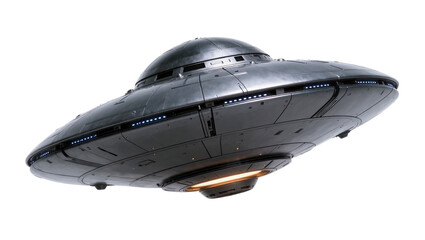 Metallic alien spaceship with glowing lights, isolated on transparent background © George