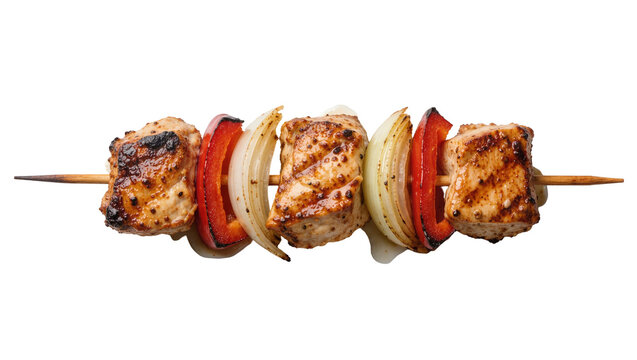 Grilled chicken and vegetable skewer with red pepper and onion, isolated on transparent background
