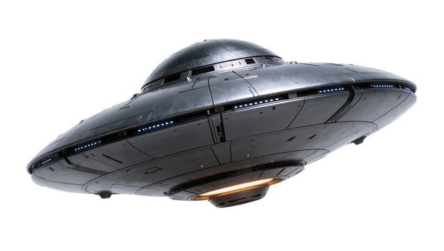 Metallic alien spaceship with glowing lights, isolated on transparent background