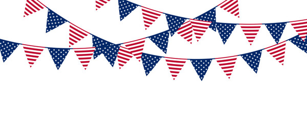 Fototapeta premium USA flag garland vector, alternating stars stripes bunting transparent, isolated on transparent background. Copy space. PNG. Vector illustration.