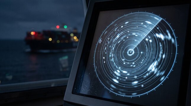 Maritime radar display showing vessel positions at night with blurred cargo ship illuminated in the background on the water. Concept of maritime security and supply chain disruption