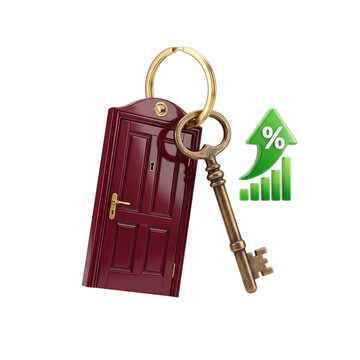 A red door with a golden key and growth chart graphic on transparent background wooden skeleton progress
