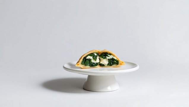 Minimalist studio shot of a single empanada on a white pedestal plate, cut in half to show spinach and ricotta cheese filling, soft shadows and clean modern aesthetic