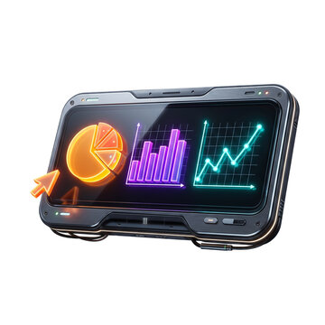 A futuristic display showcases data visualization with a pie chart and line graphs on transparent background dataviz