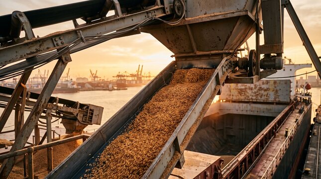 Wheat grains flowing from industrial hopper into cargo ship at port, with cranes and shipping containers visible in the background. Concept of food crisis and global supply chain disruption